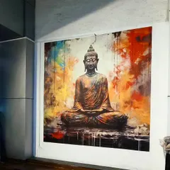 This abstract Buddha mural is ideal for creating a tranquil atmosphere in a wellness center, spa, or meditation room. The vibrant colors and expressive style make it a powerful focal point.