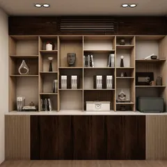 A detailed 3D render of a custom storage and display unit for an office. This visualization helps finalize the configuration of shelves and cabinets to meet the client's specific storage needs.