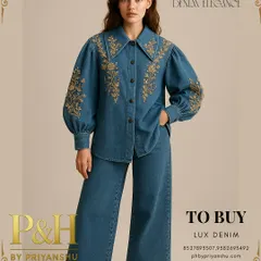 A full-length view of the embroidered blue denim set, styled with brown boots. This shot showcases the relaxed yet chic silhouette of the wide-leg pants and oversized shirt.