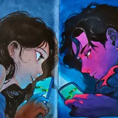 The final painting in full color, showing the emotional contrast between the cool blue tones on her side and the warm purple tones on his. This custom commission tells a complete story of modern love and longing.