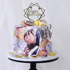 A super popular money-themed cake to wish your loved ones wealth and abundance. This design is wrapped in edible currency notes and topped with edible gold coins, making for a fun and prosperous birthday celebration.