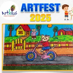 A charming and whimsical drawing of a cat riding a pink bicycle through a colourful neighbourhood. This piece was a creative entry in our Artfest competition.
