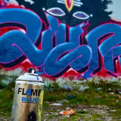 A shot of the Flame Blue spray can used for the Shiva piece. The colors were chosen to reflect the cool, calm energy of the deity.