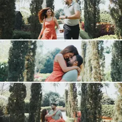 A dynamic collage showing a sequence of moments in a beautiful garden. From a playful chase to a romantic lift, it tells a story of joy and affection in a natural setting.
