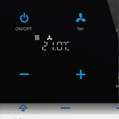 The ABB KNX control panel provides a clear, digital display for managing your environment. This interface shows precise temperature control for your HVAC system, with intuitive icons for power, fan speed, and temperature adjustment.