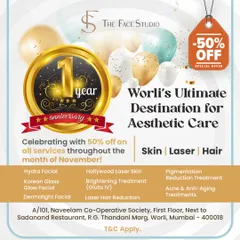 To celebrate our first anniversary, we are offering 50% off on all services for the entire month of November. This is a perfect opportunity to try our Hydra Facial, Korean Glass Glow Facial, or any of our advanced skin, laser, and hair treatments.