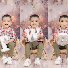 A creative triptych showing a toddler spelling out "TWO" for his second birthday, capturing his playful and proud expressions.