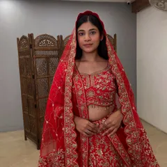 A closer look at the delicate details on the blouse and the sheer dupatta of this traditional red bridal lehenga.