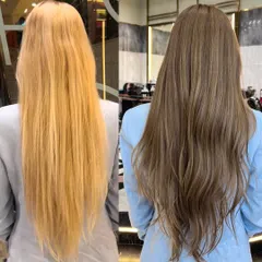 A clear example of a major color correction. We went from a faded, brassy yellow to a sophisticated and cool-toned ash brown. This process requires patience and a careful approach to protect the hair's integrity while achieving a complete tonal shift.
