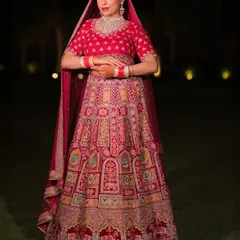 This traditional red bridal lehenga features intricate dori and sequin work, telling a story of heritage and love. It’s the perfect choice for your pheras ceremony.