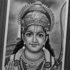 A highly detailed pencil sketch of Lord Rama. I focused on the elaborate crown, which features a sun motif, and the calm, reassuring expression on his face, holding his bow.