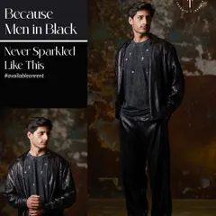 Forget what you know about 'Men in Black'. My take includes a sparkling, textured co-ord set that catches the light with every move. It’s a bold, unapologetic look for a night out or a cocktail party where you want all eyes on you.