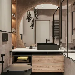 This bathroom features a unique arched mirror and dramatic track lighting. The combination of dark tiles, wood accents, and a black vessel sink creates a bold and luxurious design.