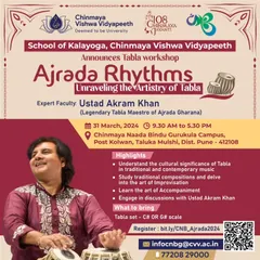 This is a poster from my 'Ajrada Rhythms' workshop at the Chinmaya Naada Bindu Gurukula. In these sessions, students get a chance to delve deep into the artistry of the Ajrada Gharana, learning traditional compositions and the delicate art of improvisation.