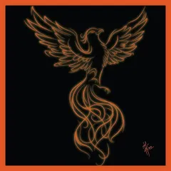A phoenix rising from the ashes, illustrated with fiery orange neon lines on a black background. This is a powerful symbol of rebirth, resilience, and coming back stronger from adversity.