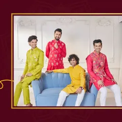 A group of friends dressed in our colorful Haldi and Mehendi outfits. Our collection ensures the entire wedding party celebrates in coordinated style.