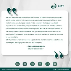 Architect Favas Muhammed of Atmof Architect shares his experience on a large-scale warehouse project for ABC Group. He highlights our competitive pricing, quality, and helpful customer service for installing 16 automatic shutters.