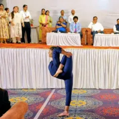 We train our students to achieve incredible levels of flexibility and balance. This is a demonstration of an advanced one-legged balancing posture, showcasing the kind of peak physical control and focus we cultivate in our classes.