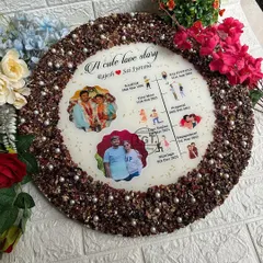 The frame includes two photos of the couple, one from their wedding and one casual shot, showing different stages of their relationship.