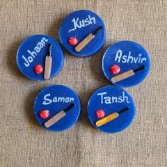 These cricket-themed soaps were personalized with the names of each team member: Johaan, Kush, Ashvir, Tansh, and Saman. It's a great gift for a sports team.