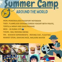 This poster outlines the daily activities for our 'Around the World' summer camp. We included flameless cooking of international snacks, 3D city crafting, and fun science experiments related to travel.