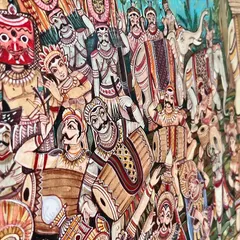 Our completed folk Mysore painting beautifully integrates elements from Janapada, Hampi, and Mysore culture. We’re delighted it has become a part of the decor at Kutumba Kitchen.