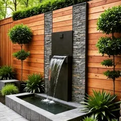 A modern waterfall feature set against a backdrop of wood and stacked stone. The water flows from a sleek black spout into a stone-lined basin, creating a serene and stylish garden element.