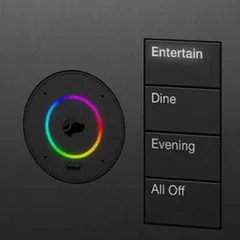 Lutron smart keypads offer intuitive scene control, allowing you to transform your room's ambiance with a single touch. This panel shows pre-set scenes like 'Entertain', 'Dine', and 'Evening', alongside a convenient 'All Off' button.