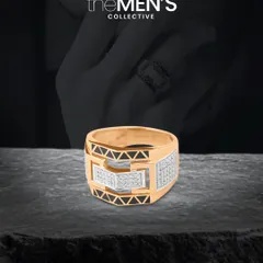 A product shot highlighting the architectural details of this men's diamond ring. The combination of rose gold, black enamel triangles, and rows of natural diamonds creates a powerful, masculine aesthetic.