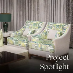 For the Zaildar Residence, the design was centered around a rich green color palette. The Elm armchair, with its vibrant abstract fabric, adds a bold and unique touch, bringing character and charm to the living space.