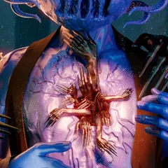A detailed close-up of the 'Antichrist' character's chest. This shot provides a clearer look at the intricate modeling of the hands bursting from within, a key feature of its body horror design.