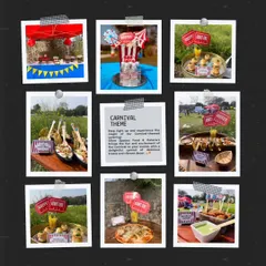 A Polaroid-style collage summarizing the key elements of my carnival theme. It captures the colorful decor, the variety of food, and the playful details that make the event special.