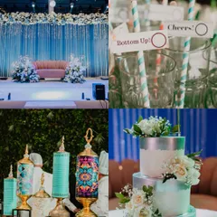 A collage of the beautiful cocktail party decor, from the elegant stage and wedding cake to the quirky bar details and decorative elements.