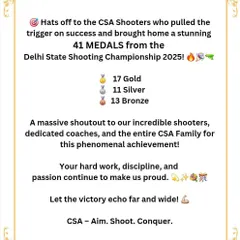 The results speak for themselves. Our academy shooters secured a remarkable 41 medals, including 17 golds, at the Delhi State Shooting Championship 2025. This graphic showcases the depth of talent we have across various categories.