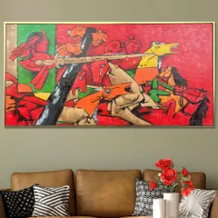 Power meets poetry on this hand-painted canvas. It's a vivid, abstract portrayal of clashing horses and warriors, frozen in a moment of raw intensity and motion. Every brushstroke tells a story of courage and strength.