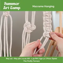 Our summer art camps include a variety of textile arts, like this macrame hanging project. It's a great way for kids to learn knotting techniques and create beautiful, functional decor.