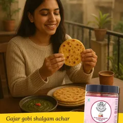 The ultimate winter meal. Our Gajar Gobi Shalgam achaar is the perfect companion for makke di roti and sarson da saag.