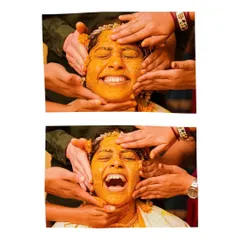 The Haldi ceremony is pure, unfiltered joy. I love getting right into the middle of the fun to capture moments like this. It’s not about perfect poses, it’s about the real laughter, the playful chaos, and the love of family all coming together.