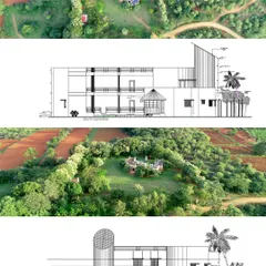 Here, I've combined the aerial photos with the north and south elevation drawings. This shows how the building's exterior design looks from different sides, connecting the technical plans to the real-world result.