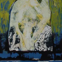 Atanu Bhattacharya is an artist who uses layering to bring out hidden forms in his abstract works. This piece has a wonderful depth, where shapes and colors seem to emerge from beneath the surface.