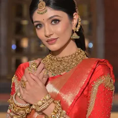 A close-up of a classic South Indian bridal look. I'll teach you how to master the art of temple jewellery placement, create a radiant and long-lasting base for different skin tones, and perfect the bold lip that defines this style.