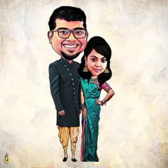 A full-length digital caricature of a couple in traditional Indian wedding outfits. I focus on details like the groom's sherwani and the bride's elegant saree to make it special.