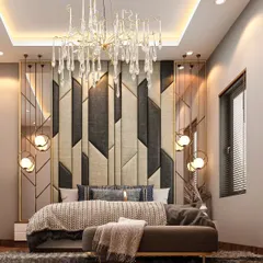 A bedroom design that balances geometric precision with soft textures. The custom headboard features a bold, padded geometric pattern, framed by mirrors and elegant pendant lights for a contemporary and luxurious feel.