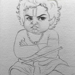 A detailed pencil and charcoal sketch capturing the fierce expression of a young, angry Krishna. The focus here is on the sharp lines of his eyes and the posture, showing a different side of his divine childhood.