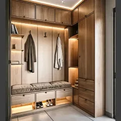 This L-shaped entryway unit makes perfect use of a corner space. It provides a seating bench, coat hooks, and ample shoe storage in drawers and open cubbies, all in a warm wood finish.