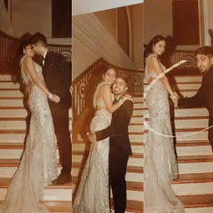 A collage showing the playful and romantic moments from Anmol and Bhavishya's shoot. From a shared kiss to a candid glance, these images capture the dynamic of their relationship with an editorial flair.
