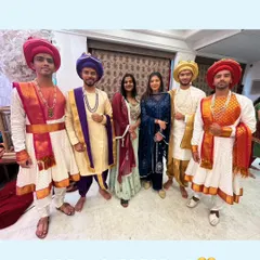 A group of groomsmen dressed in my Peshwai collection. It shows how you can outfit the entire groom's squad in coordinated, traditional attire for a Maharashtrian wedding.
