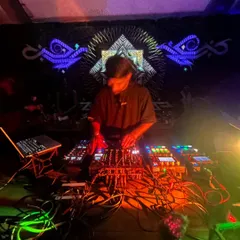 A proper bender at Vortex Goa, surrounded by incredible psychedelic decor. My setup here allows me to get really creative with my minimal and acid sounds.