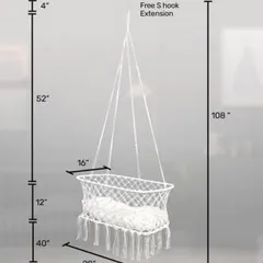 Here are the dimensions for our hanging baby bassinet. It's designed to be a cozy and safe space for your newborn, and it comes with a free S-hook for easy installation.