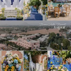 A showcase of the magnificent decor and aerial view of the Buena Vista Resort in Jaipur, setting the stage for a royal Haldi.